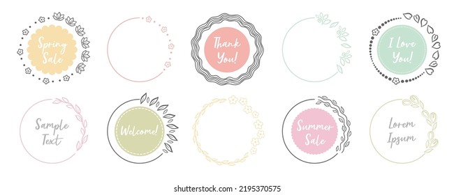 Round Flower Decorative Frames with Letterings. Summer Collection. Different design elements Set.