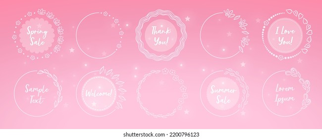 Runde florale Dekorationsrahmen mit Buchstaben auf rosafarbenem Hintergrund. Sommerkollektion. Unterschiedliche Design-Elemente Set.
