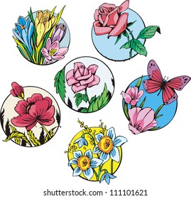 Round flower designs. Set of color vector illustrations.