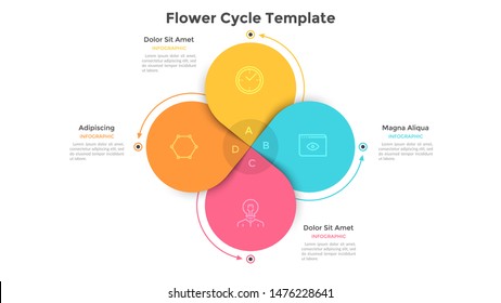 Diagrama de flores redondas con 4 pétalos de colores. Concepto de cuatro etapas o etapas del proceso cíclico empresarial. Plantilla de diseño gráfico plano. Ilustración vectorial para presentación, informe analítico.