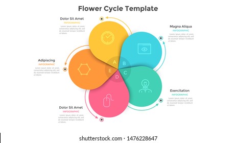 Round flower diagram with 5 colorful petals. Concept of five steps or stages of business cyclical process. Flat infographic design template. Vector illustration for presentation, analytics report.