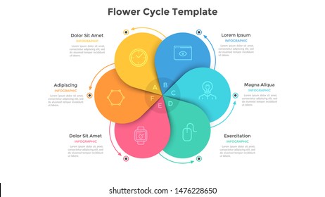 Round flower diagram with 6 colorful petals. Concept of six steps or stages of business cyclical process. Flat infographic design template. Vector illustration for presentation, analytics report.