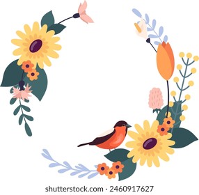 Round Flower Frame With Bird Vector Illustration
