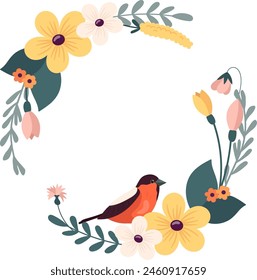 Round Flower Frame With Bird Vector Illustration
