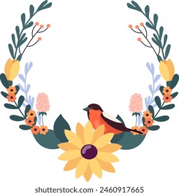 Marco De Flores Redondo Con Ilustración vectorial De Pájaro