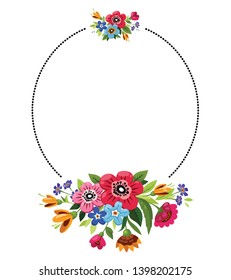 Round flower frame for decoration of wedding invitations, greetings, birthday, Valentines Day, mothers day, t-shirt design. Floral wreath with vector flowers, branches, buds, leaves. Vintage style.