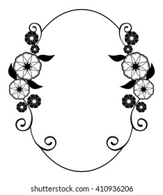 Round flower frame. Decorative flowers arranged on a shape of the wreath, for wedding invitations and birthday cards. Black and white vector clip art.