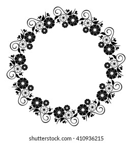 Round flower frame. Decorative flowers arranged on a shape of the wreath, for wedding invitations and birthday cards. Black and white vector clip art.
