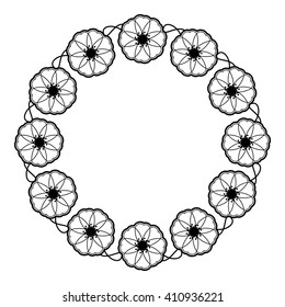Round flower frame. Decorative flowers arranged on a shape of the wreath, for wedding invitations and birthday cards. Black and white vector clip art.