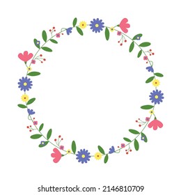 Round flower frame. Floral wreath. For greeting card, wedding , birthday card, invitation. Vector illustration.