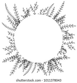 Round Flower frame. Frame with flowers, plants, grass, fern. Stylized black and white drawing. Isolated on white background