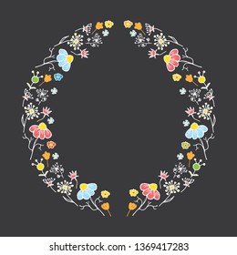 Round flower Frame hand drawn sketch doodles. Vector illustration on chalkboard background.