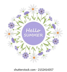 Round Flower Frame Hello Summer. vector illustration