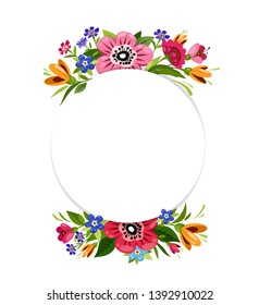 Round flower frame for invitation or greeting card. Colorful floral illustration .Vintage style.