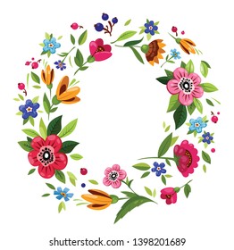 Round flower frame for invitation, greeting card, t-shirt design. Colorful floral wreath with vector flowers, branches, buds, leaves. Vintage style. Floral illustration with delicate summer flowers