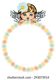 Round flower frame with little angel