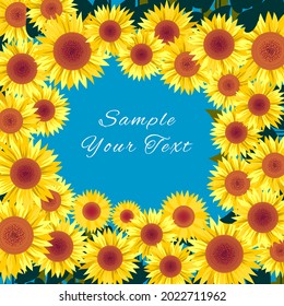 Round flower frame made of sunflowers with a place for text.  A postcard with flowers.