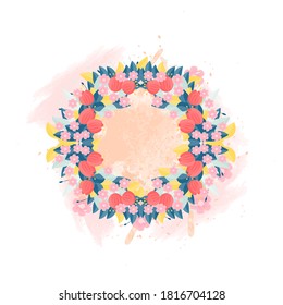Marco de flores redondeadas sobre un fondo de manchas de color rosa. Ilustración vectorial para la decoración de textiles, tarjetas de felicitación o accesorios de boda.