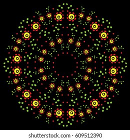 Round flower frame on the black background. Vector fashion ornament with red flower for printing on fabric traditional folk floral decoration.