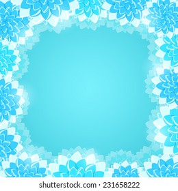 Round Flower Frame on Shiny Blue Background. Vector Invitation Background with Flowers