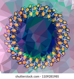 Round flower frame on a square mosaic background. Copy space. Wreath of flowers. Vector clip art.