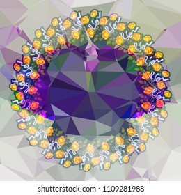 Round flower frame on a square mosaic background. Copy space. Wreath of flowers. Vector clip art.