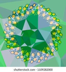 Round flower frame on a square mosaic background. Copy space. Wreath of flowers. Vector clip art.