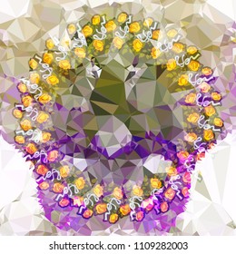 Round flower frame on a square mosaic background. Copy space. Wreath of flowers. Vector clip art.