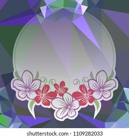 Round flower frame on a square mosaic background. Copy space. Wreath of flowers. Vector clip art.