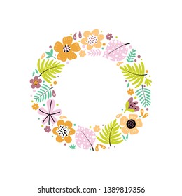 Round flower frame with place for text. Vector illustration for postcard or greeting card design.