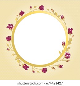 Round flower frame. Red roses. Floral background. Golden leaves. lace