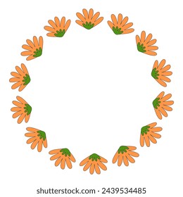 Round flower frame from simple orange flowers, spring design element, vector