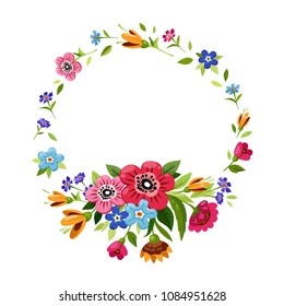 Round flower frame. Template for invitation, greeting card, cover, notebook. Colorful flower frame. Elegant floral wreath