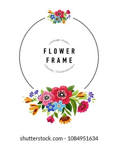 Round flower frame. Template for invitation, greeting card, cover, notebook. Colorful summer flower wreath. Vintage style.