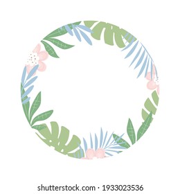 Round flower frame. Tropical leaves. Jungle theme. Flat design, vector illustration