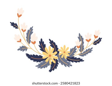 Round flower frame, vintage wreath with blossom. Folk art, ornamental frame with floral composition. Bright illustration, can be used as creating or invitation card