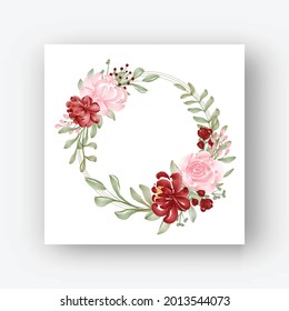 round flower frame with watercolor flowers red and pink