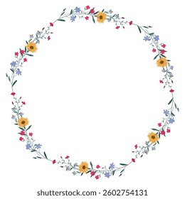 A round flower frame, a wreath. Flower design template. Romantic banner of the celebration of a delicate wedding holiday. The plant is a decorative botanical border. Vegetation decor. Vector