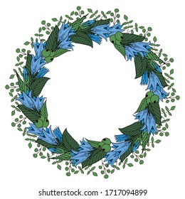 Round flower frame, a wreath of green ornamental plants and blue bells. Background for greeting cards, invitations.