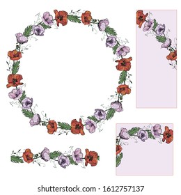  Round flower garland, brushes and patterns with poppy flowers. For holiday design, ads, greeting cards, posters, advertising