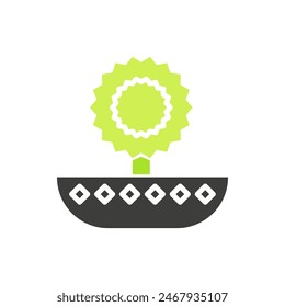 Round flower head growing in pot with diamond pattern, black and green line icon vector illustration