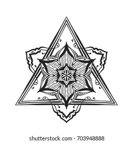 Mandala de flor redonda en marco decorativo triangular, elemento de diseño aislado para tatuajes, libro de colorear, impresión en camiseta, textil o cualquier otra decoración, ilustración vectorial