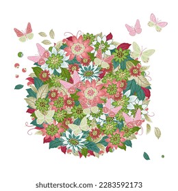Patrón de flores redondeadas con mariposas y bayas. carta de invitación floral con flores de colores. forma circular llena de flores para tu diseño