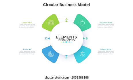 Round Flower Petal Diagram With 4 Elements. Concept Of Four Characteristics Of Startup Project Model. Modern Flat Infographic Design Template. Simple Vector Illustration For Business Presentation.