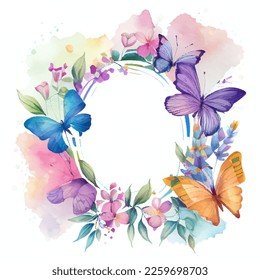 Round flower wreath with butterflies watercolor illustration, floral spring natural frame for wedding invitation design, summer decoration with flowers and leaves vector art