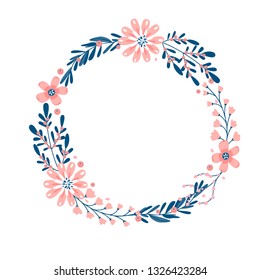 Round flower wreath with cute flowers and leaves. Vector illustration for greeting cards, posters, invitations, art prints, baby shower, wedding.