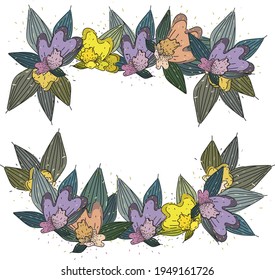 Round flower wreath with cute flowers and leaves. Vector illustration for greeting cards, posters, invitations, art prints, wedding invitation