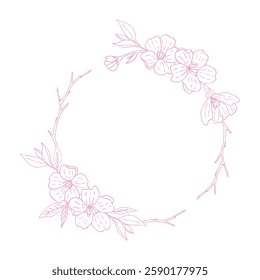 Round flower wreath with pink cherry blossoms. A frame with images of roses, cherries, cherry trees. Vector illustration, by hand. The place under the text. Design of postcards, wedding invitations