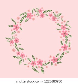 Round flower wreath with pink flowers and leaves on light pink background. Vector illustration for greeting cards, invitations, art prints, wedding.