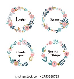 Round flower wreath set with cute flowers and leaves. Vector illustration for greeting cards, posters, invitations, art prints, baby shower, wedding.
